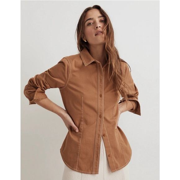 Madewell Tan Darted Stitch Button Front Long Sleeve 100% Cotton Shirt Size 2 - Picture 1 of 10